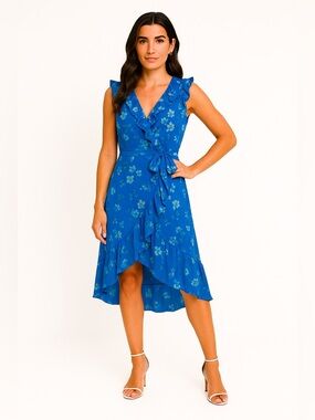 Socialite Royal Blue Floral Wrap High-Low Ruffle Hem Dress XS